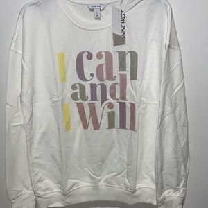 Nine West Sweatshirt Women's Small White Fleece I Can And I Will Pullover NWT